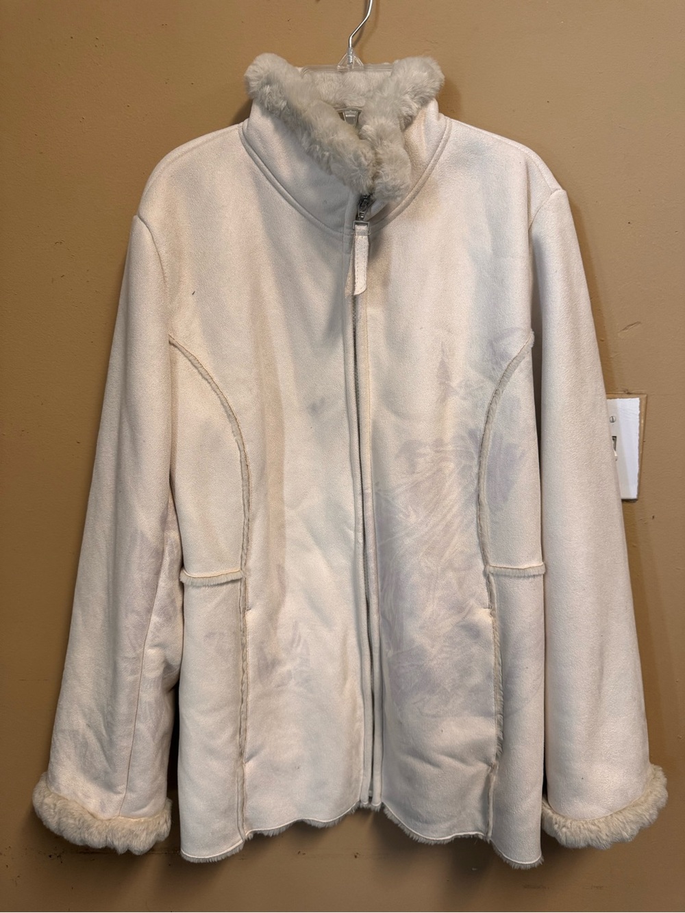 New York & Company Cream Faux Shearling Zip-Up Jacket